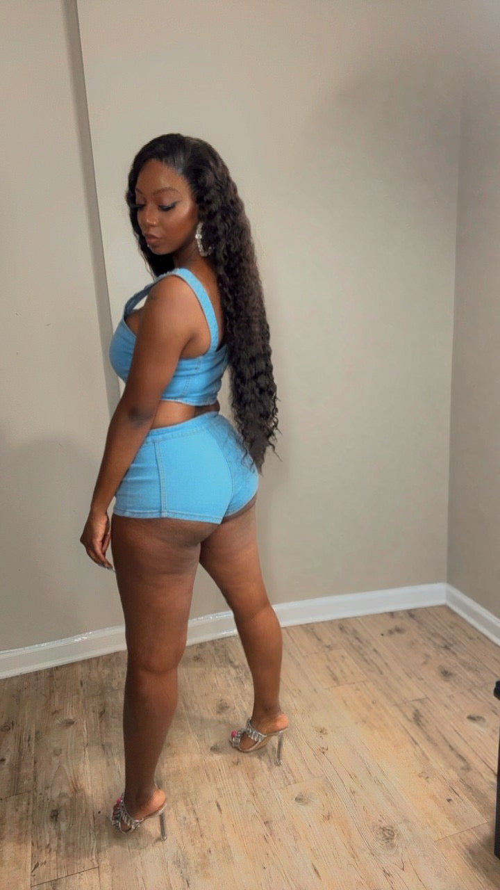 Carliyas rhinestone denim shorts set
